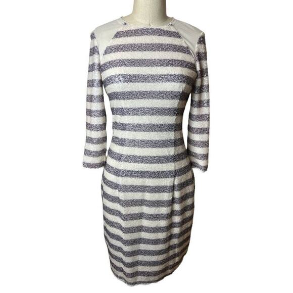 Rachel Roy Indigo Ivory Dark Sequins Stripe 3/4 Sleeve Dress Women's Size 6 NWT - Picture 1 of 6